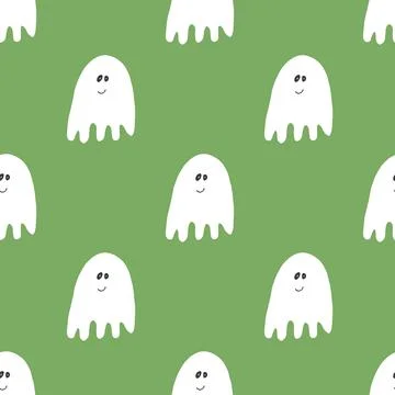Cute ghost seamless pattern design. Halloween holiday, cartoon background, ve 스톡 일러스트