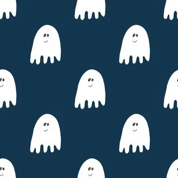 Cute ghost seamless pattern design. Halloween holiday, cartoon background, ve Stock Illustration