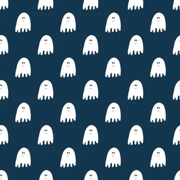 Cute ghost seamless pattern design. Halloween holiday, cartoon background, ve Stock Illustration