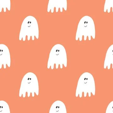 Cute ghost seamless pattern design. Halloween holiday, cartoon background, ve Stock Illustration