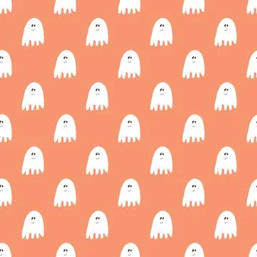 Cute ghost seamless pattern design. Halloween holiday, cartoon background, ve Stock Illustration