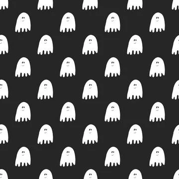 Cute ghost seamless pattern design. Halloween holiday, cartoon background, ve Stock Illustration