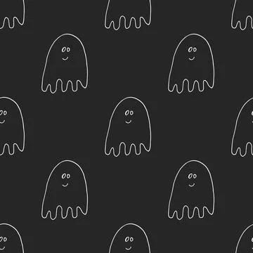 Cute ghost seamless pattern design. Halloween holiday, cartoon background, ve Stock Illustration