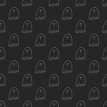 Cute ghost seamless pattern design. Halloween holiday, cartoon background, ve 스톡 일러스트