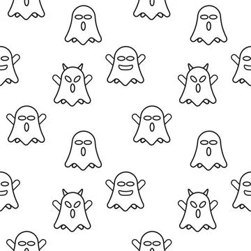Cute ghost seamless pattern design template. Black outline design style in .. Illustrazione stock