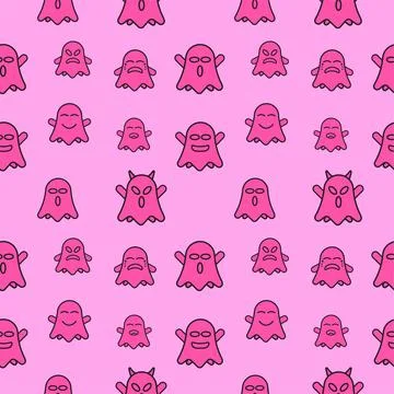Cute ghost seamless pattern design template. Outline design style with pink.. Illustrazione stock