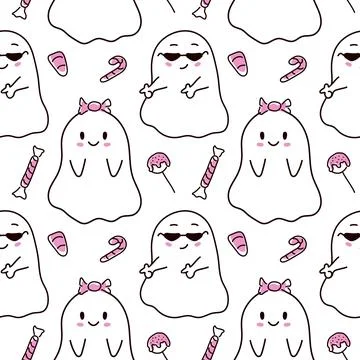 Cute ghost seamless pattern with sweet candy and smiling character on white Illustrazione stock
