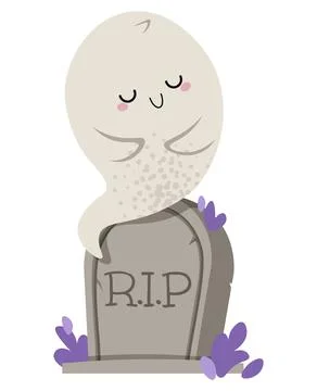 Cute Ghost Sitting on Tombstone Flat Vector Illustration Isolated on White Stock Illustration