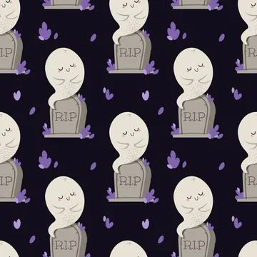 Cute Ghost Sitting on Tombstone Seamless Pattern. Halloween Spooky Background Stock Illustration
