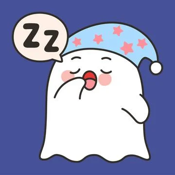 Cute Ghost Sleep Emote Vector with Pajama Hat and Snoring Zzz on Blue Backg.. Stock Illustration