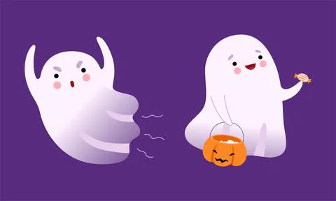 Cute Ghost with Smiling Face Carrying Pumpkin with Sweets and Flying Vector Set Illustrazione stock