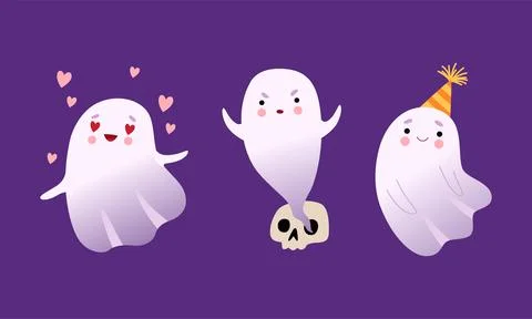 Cute Ghost with Smiling Face in Love and Wearing Birthday Hat Vector Set Illustrazione stock