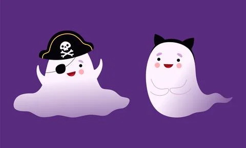 Cute Ghost with Smiling Face in Pirate Hat and Eye Patch Vector Set Stock Illustration