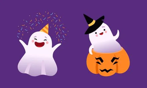 Cute Ghost with Smiling Face in Pumpkin and Wearing Birthday Hat Vector Set Stock Illustration