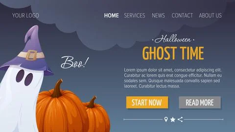 Cute ghost in a sorcery hat and pumpkins. Ghost time. Halloween template Stock Illustration