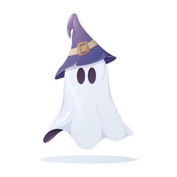 A cute ghost with a sorcery purple hat. Cartoon vector illustration Stock Illustration
