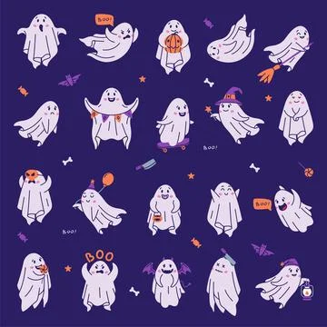 Cute Ghost Spooky Character and Flying Spirit Vector Set Stock Illustration