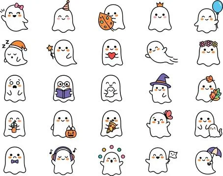 Cute ghost sticker set with various white spectral characters wearing acces.. Stock Illustration