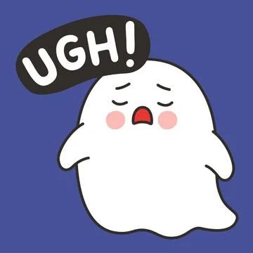 Cute Ghost Ugh Emote Vector with Tired Expression on Blue Background 스톡 일러스트