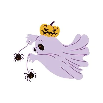 Cute ghost vector illustration with pumpkin and spiders Illustrazione stock