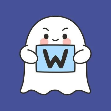 Cute Ghost W Emote Vector with Victory Sign on Blue Background 스톡 일러스트