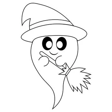 Cute Ghost with watch hat and broom. Draw illustration in black and white Illustrazione stock