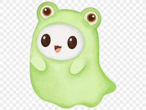 Cute ghost wearing green frog hood, watercolor Halloween illustration vector. Stock Illustration