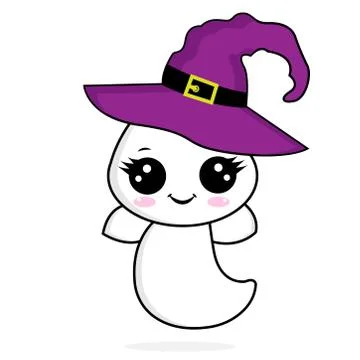 Cute ghost wearing witch hat. Halloween ghost icon.  Stock Illustration