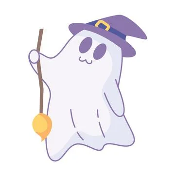 Cute ghost wearing witch hat holding broomstick, Vector Illustrazione stock