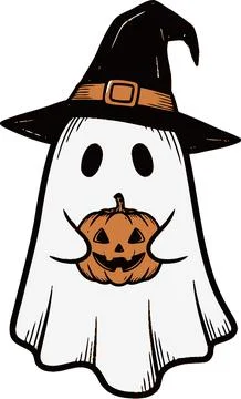 Cute Ghost Wearing Witch Hat Holding Jack-o'-lantern Pumpkin, Halloween Ill.. 스톡 일러스트