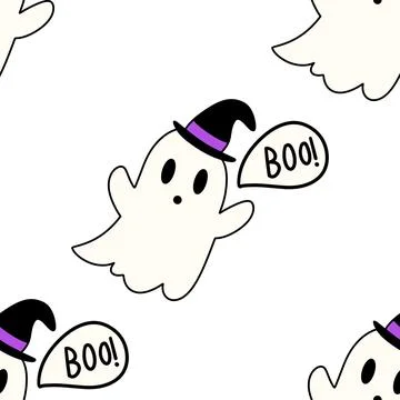 Cute ghost wearing witch hat saying boo seamless pattern. Иллюстрация