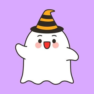 Cute ghost wearing witch hat Halloween cartoon Stock Illustration