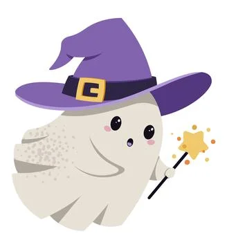 Cute Ghost in Witch Hat and Magic Wand Flat Vector Illustration Isolated on Illustrazione stock