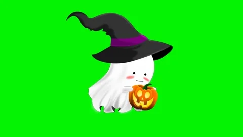 Cute ghost with witch hat holding pumpkin floating on green screen Stock Footage 246063176