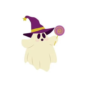 Cute Ghost Witch Hat Lollipop Halloween Vector Stock Illustration