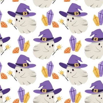 Cute Ghost in Witch Hat with Magic Wand and Crystals Seamless Pattern. Halloween Stock Illustration