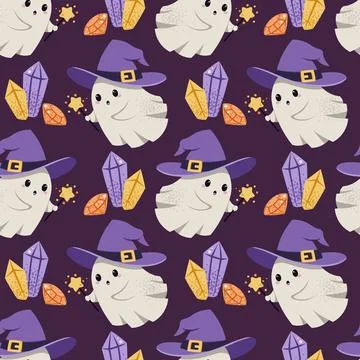 Cute Ghost in Witch Hat with Magic Wand and Crystals Seamless Pattern. Halloween Stock Illustration