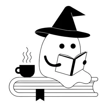 Cute ghost with witch hat reading book vector Stock Illustration