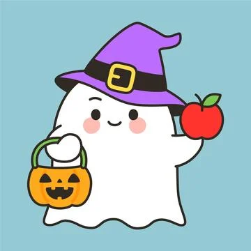 Cute ghost witch holding apple and pumpkin basket Stock Illustration
