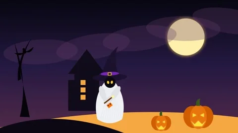 Cute Ghost Witch With Magic Wand On Halloween Night Animation Stock Footage 333495587
