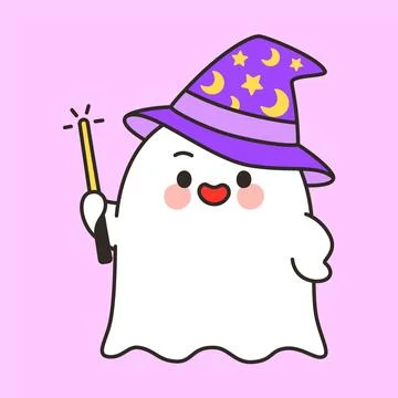Cute ghost witch with moon and stars hat Halloween illustration Stock Illustration