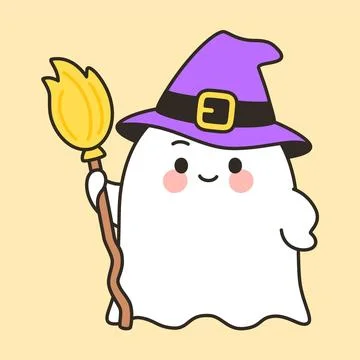Cute ghost witch standing with broomstick Stock Illustration