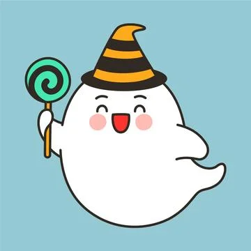 Cute ghost witch with striped hat and lollipop Stock Illustration