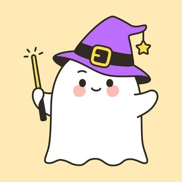 Cute ghost wizard with purple hat and wand Halloween Stock Illustration