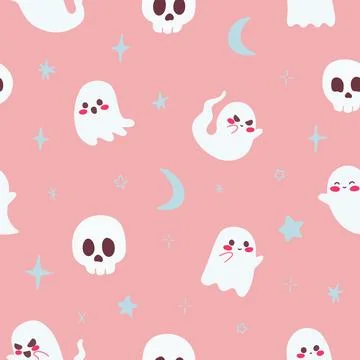 Cute Ghosts and Skulls Pattern with Moon Stars Stock Illustration