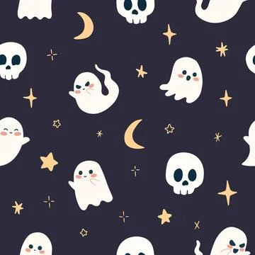 Cute Ghosts and Skulls Pattern with Moon Stars Stock Illustration