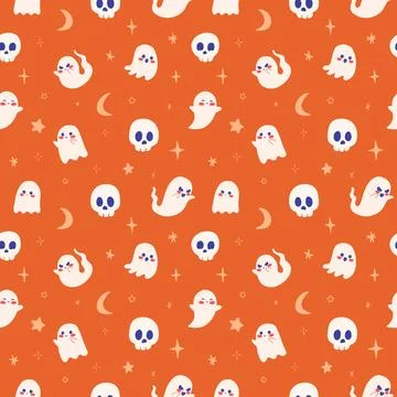 Cute Ghosts and Skulls Pattern with Moon Stars Stock Illustration