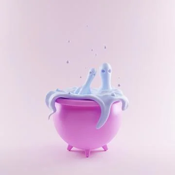 Cute ghosts boiling in a cauldron, 3D illustration on the theme of Halloween Stock Illustration