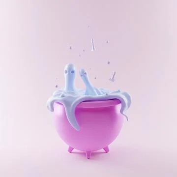 Cute ghosts boiling in a cauldron, 3D illustration on the theme of Halloween Stock Illustration