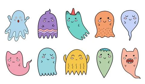 Cute ghosts collection. Scary characters clipart in cartoon style Stock Illustration